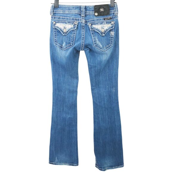 Miss Me Boot Cut Jeans READ Womens 26 Flap Pockets Low Rise Distressed Denim - Picture 2 of 16